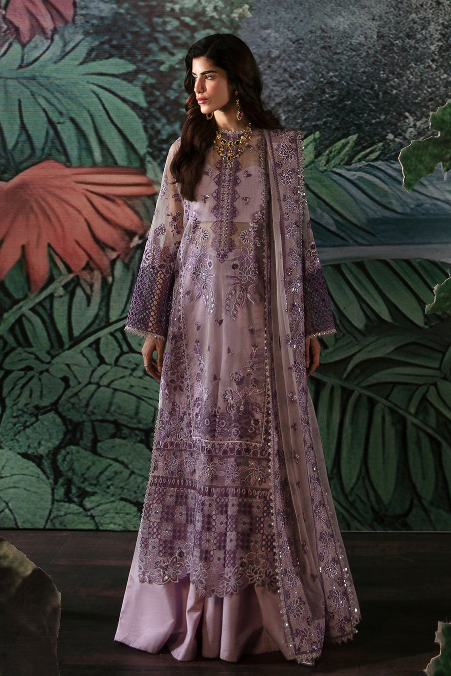 Afrozeh La Fuchsia Embroidered Organza Unstitched 3Pc Suit - Helen