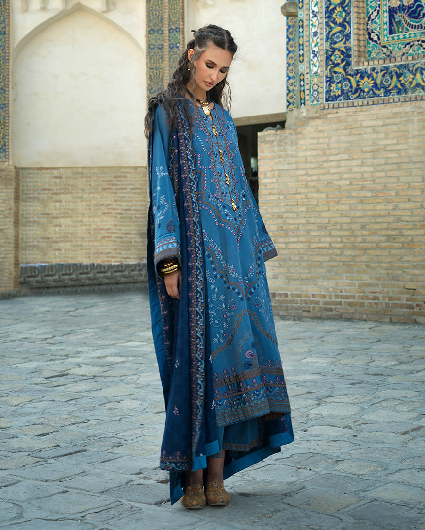 Hemline by Mushq Bukhara Embroidered Viscose Unstitched 3Pc Suit - Heritage Haze