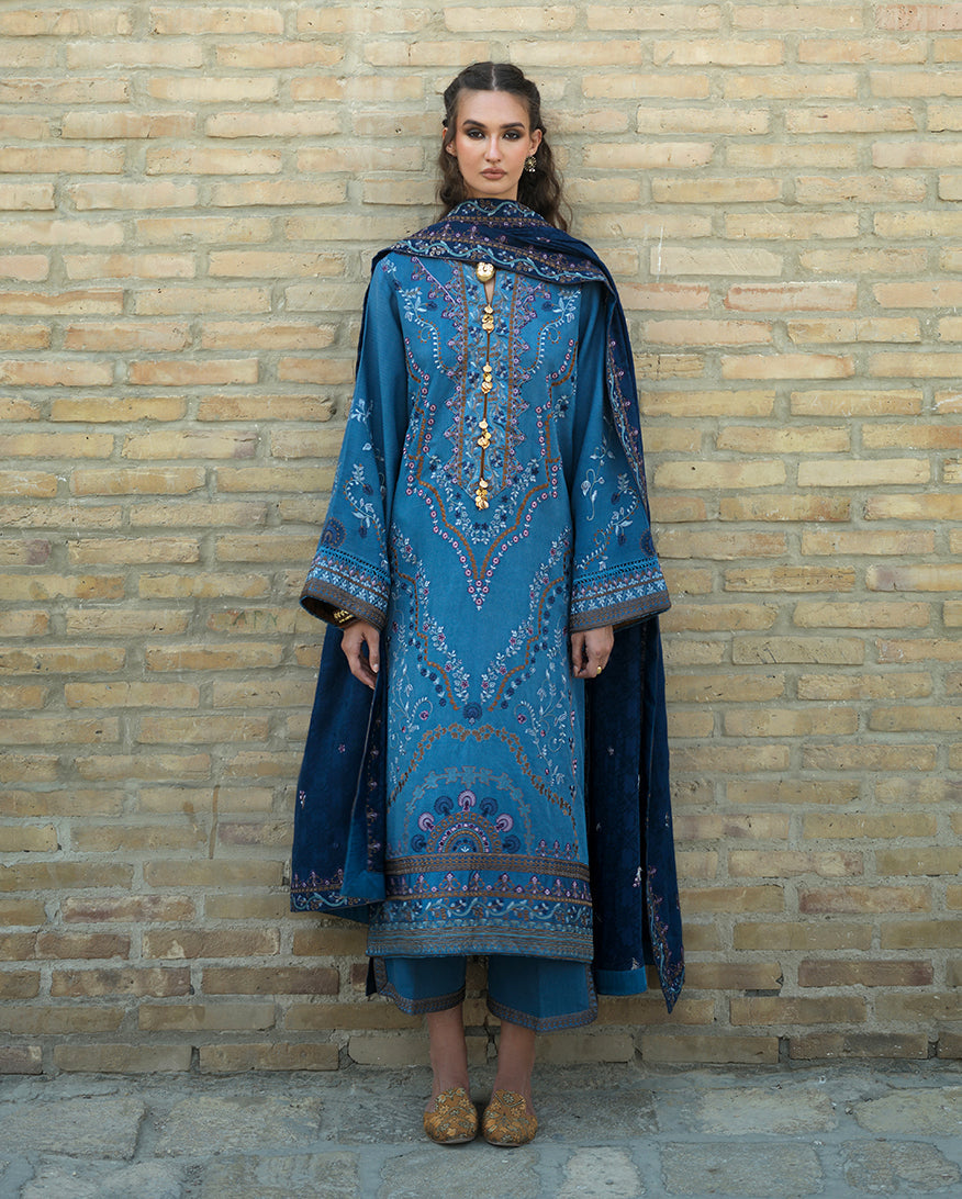 Hemline by Mushq Bukhara Embroidered Viscose Unstitched 3Pc Suit - Heritage Haze