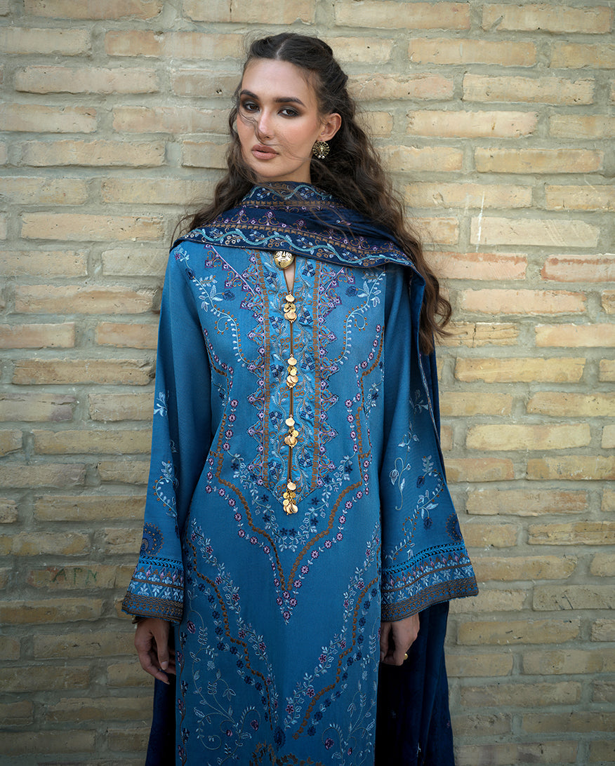 Hemline by Mushq Bukhara Embroidered Viscose Unstitched 3Pc Suit - Heritage Haze