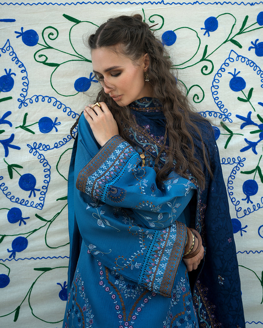 Hemline by Mushq Bukhara Embroidered Viscose Unstitched 3Pc Suit - Heritage Haze