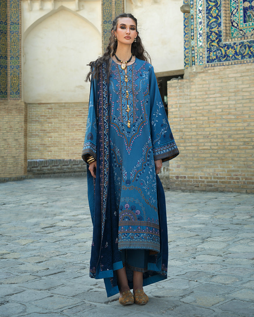Hemline by Mushq Bukhara Embroidered Viscose Unstitched 3Pc Suit - Heritage Haze