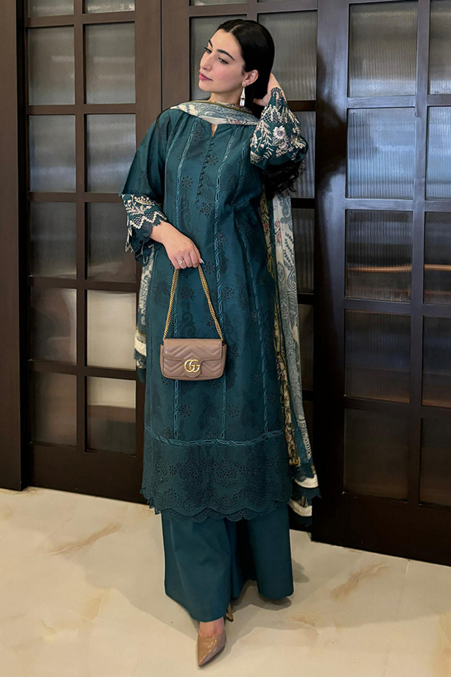 Neeshay Summer Lines Printkari Lawn Unstitched 3Pc Suit - LAGOON