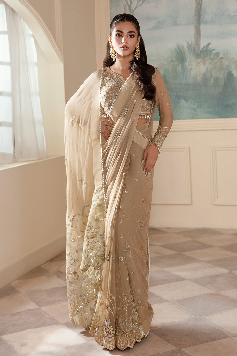Zarposh Amirah Embroidered Chiffon Unstitched Saree - Mehru