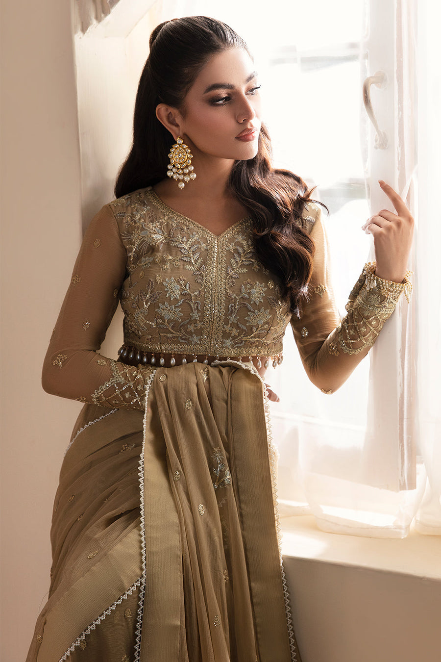 Zarposh Amirah Embroidered Chiffon Unstitched Saree - Mehru