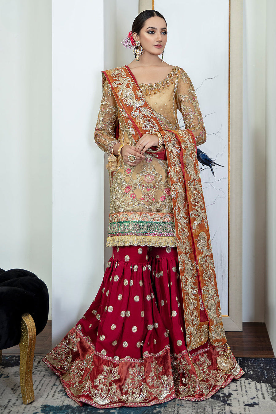 Zarposh Safarnama Festive Embroidered Net Unstitched 3Pc Suit - Cardinal 02