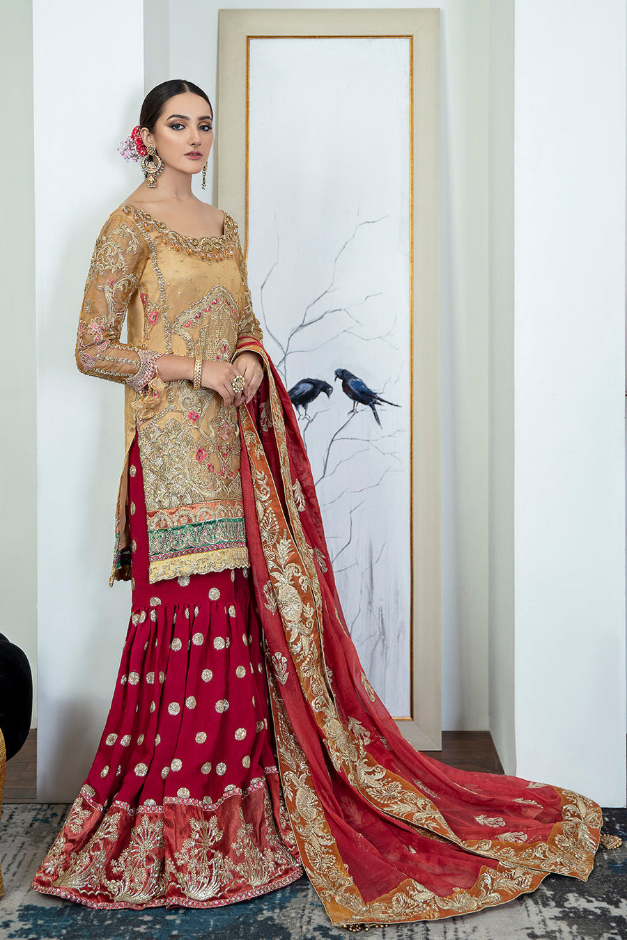Zarposh Safarnama Festive Embroidered Net Unstitched 3Pc Suit - Cardinal 02