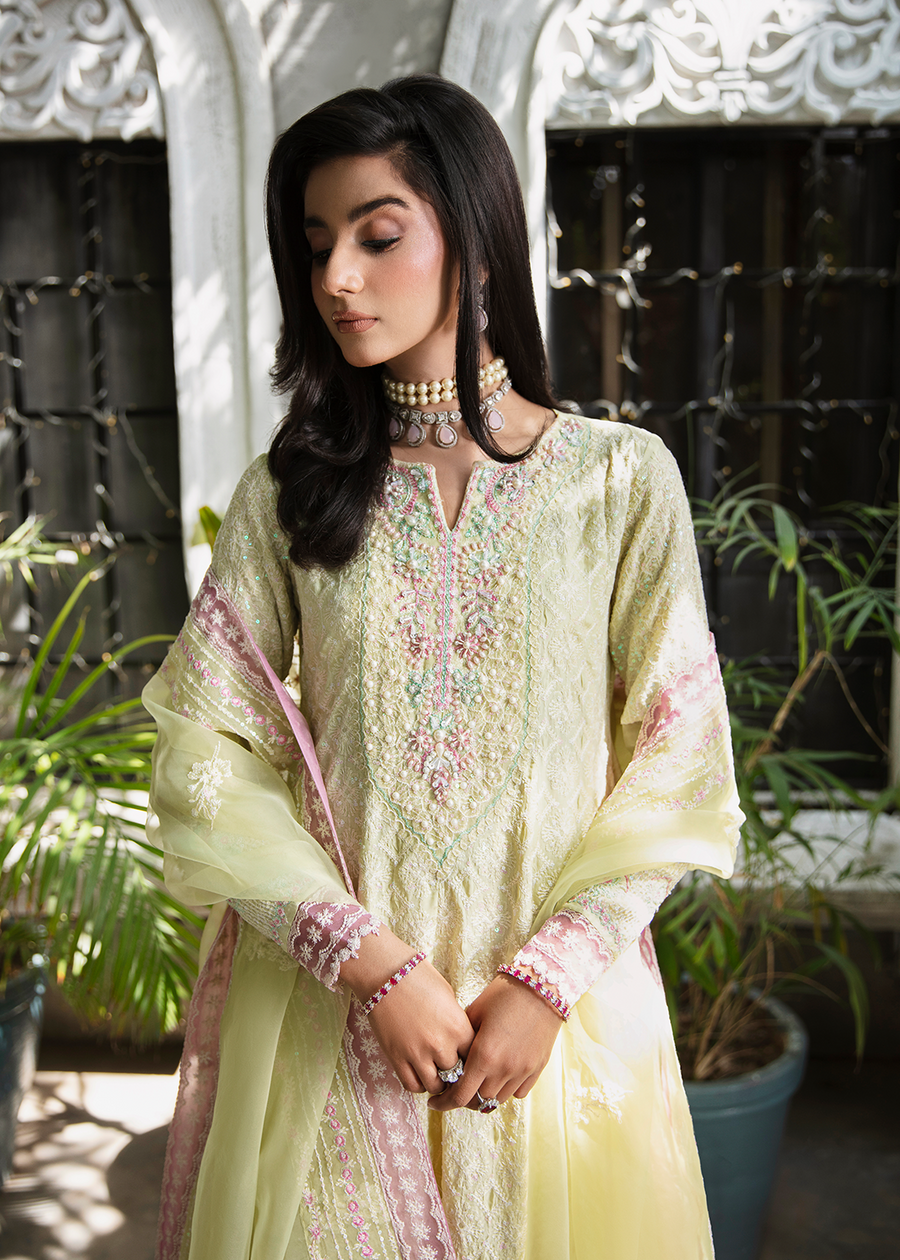 MOK Rang e Noor Embroidered Grip 3Pc Suit Nargis - Yellow