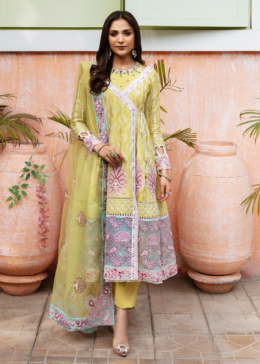 MOK Rang e Noor Embroidered Grip 3Pc Suit Kanwal - Yellow