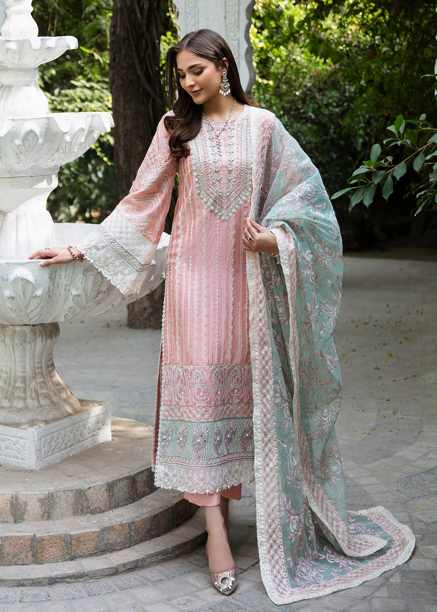 MOK Rang e Noor Embroidered Grip 3Pc Suit - Champa