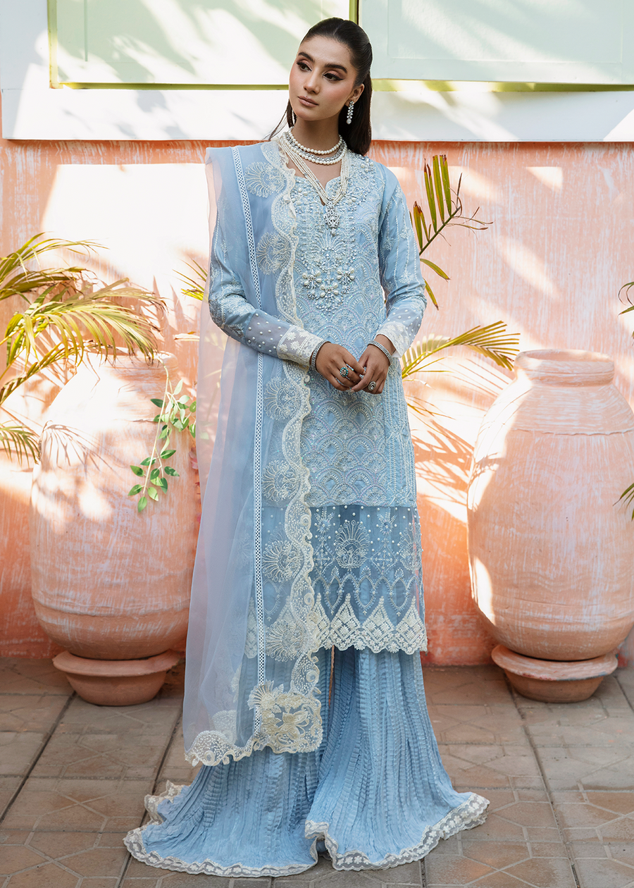 MOK Rang e Noor Embroidered Grip 3Pc Suit Sumbul - Sky Blue