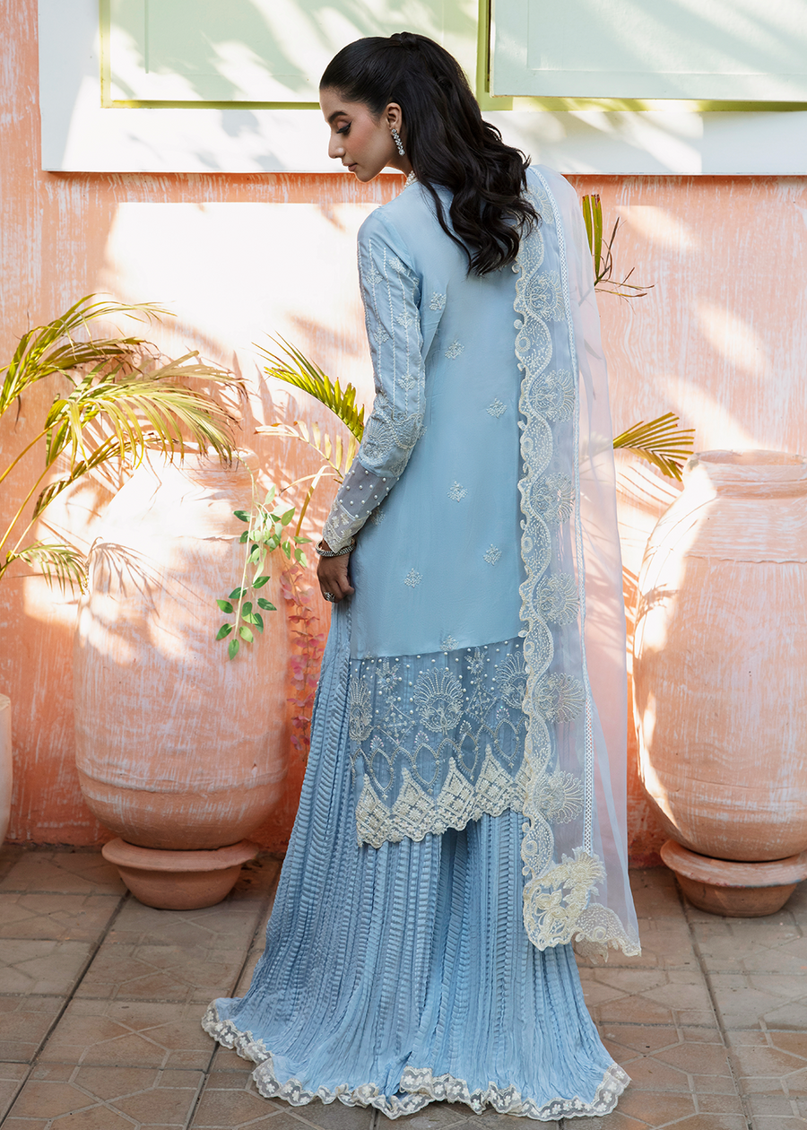 MOK Rang e Noor Embroidered Grip 3Pc Suit Sumbul - Sky Blue