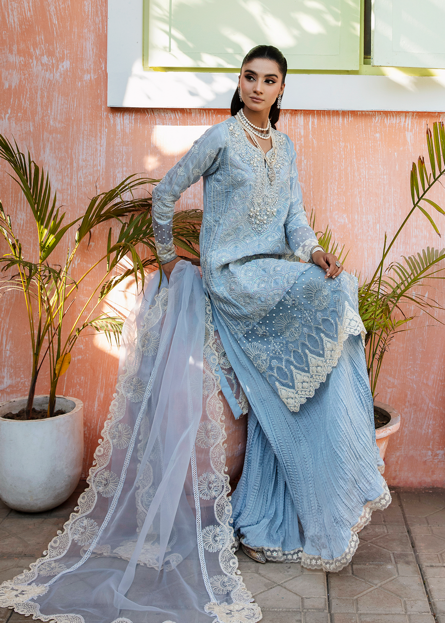 MOK Rang e Noor Embroidered Grip 3Pc Suit Sumbul - Sky Blue