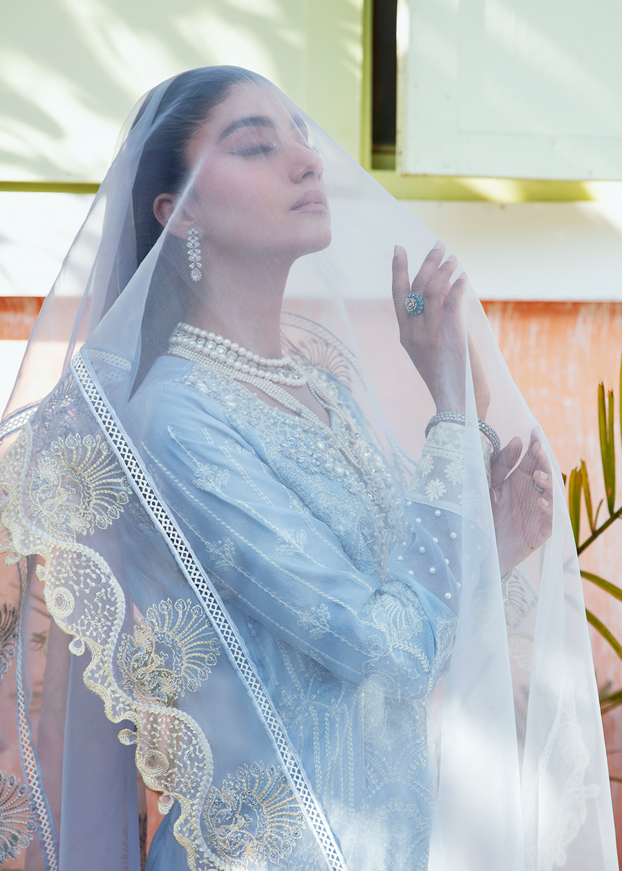 MOK Rang e Noor Embroidered Grip 3Pc Suit Sumbul - Sky Blue