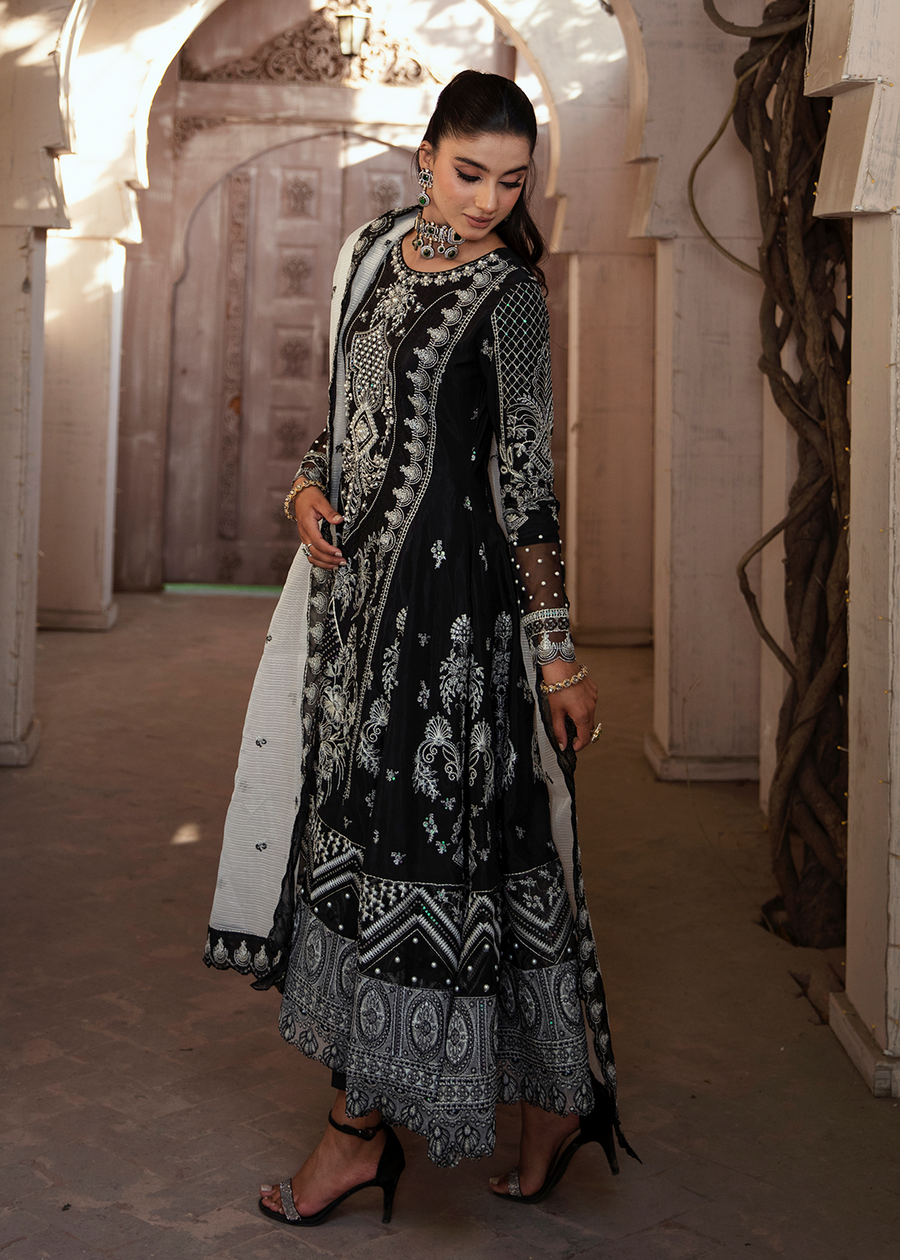MOK Rang e Noor Embroidered Grip 3Pc Suit Neel Kamal - Black