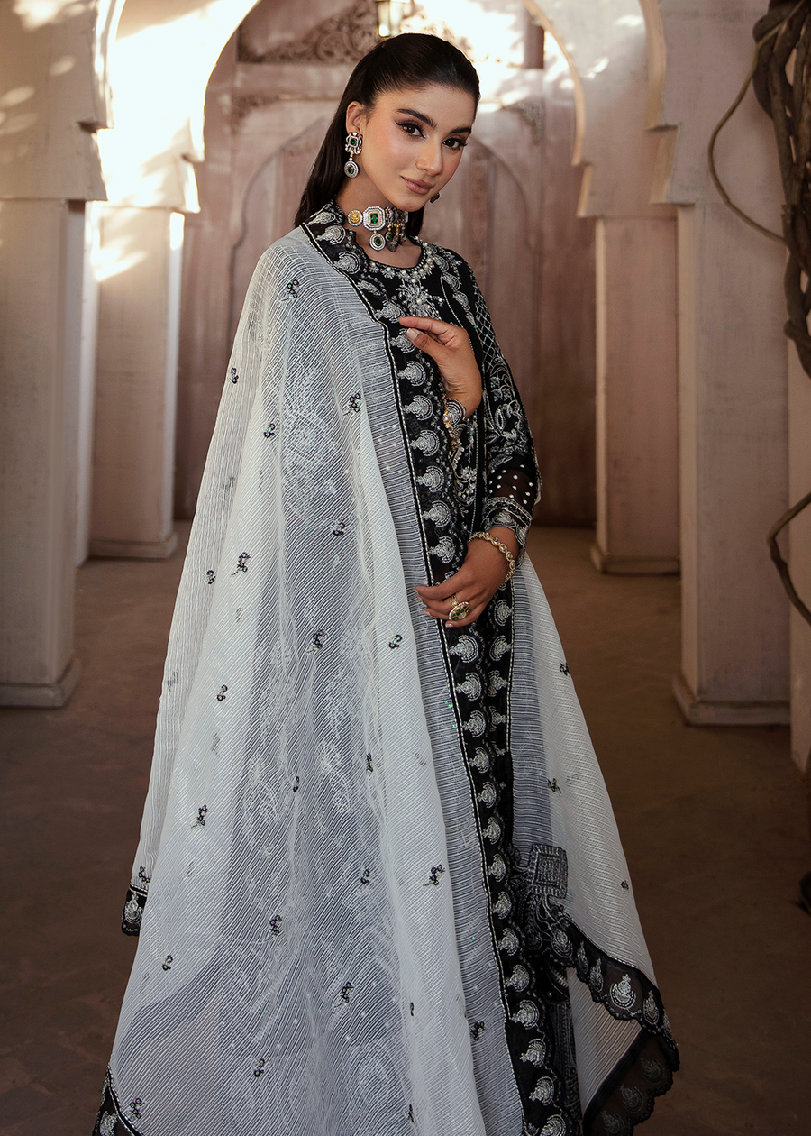MOK Rang e Noor Embroidered Grip 3Pc Suit Neel Kamal - Black