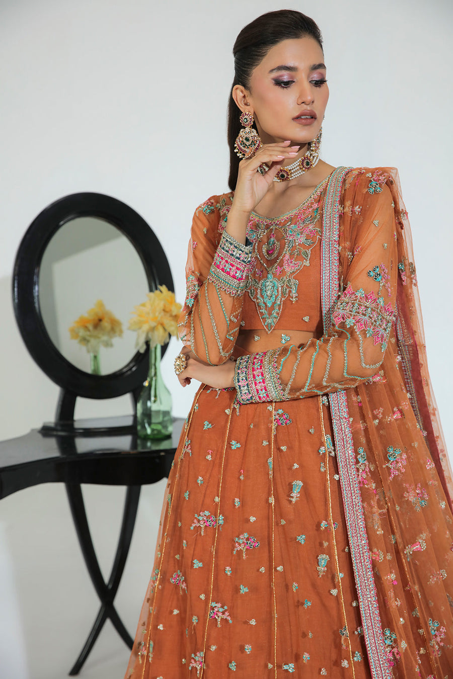 Gulmehr by Avyana Embroidered Net Unstitched 3Pc Suit - Sunehri