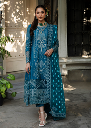 MOK Rang e Noor Embroidered Grip 3Pc Suit Neel Kamal - Teal Blue