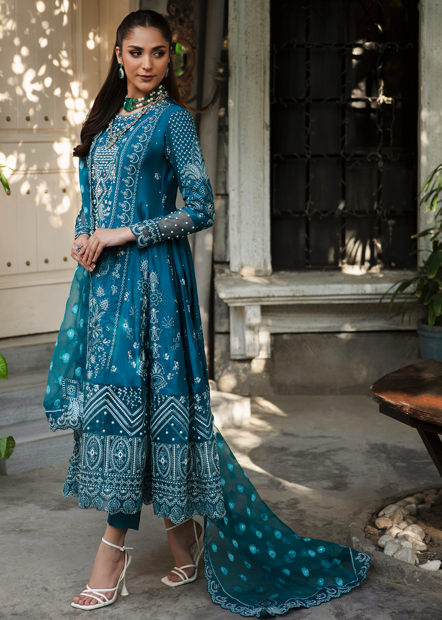 MOK Rang e Noor Embroidered Grip 3Pc Suit Neel Kamal - Teal Blue