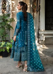 MOK Rang e Noor Embroidered Grip 3Pc Suit Neel Kamal - Teal Blue