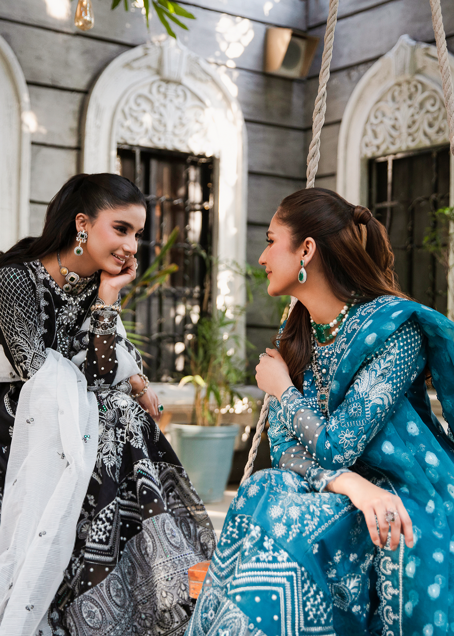 MOK Rang e Noor Embroidered Grip 3Pc Suit Neel Kamal - Teal Blue