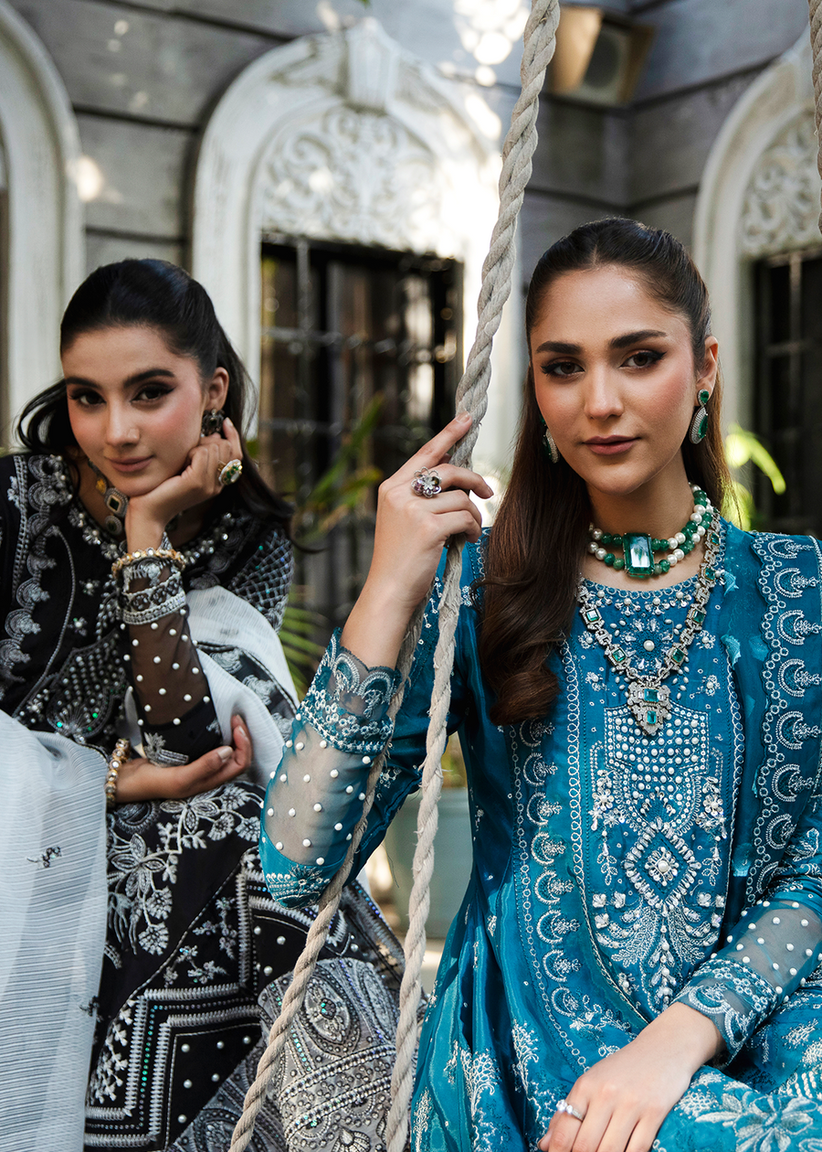 MOK Rang e Noor Embroidered Grip 3Pc Suit Neel Kamal - Black
