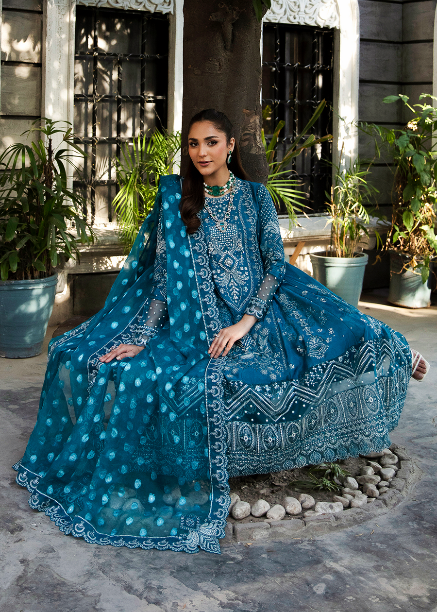 MOK Rang e Noor Embroidered Grip 3Pc Suit Neel Kamal - Teal Blue