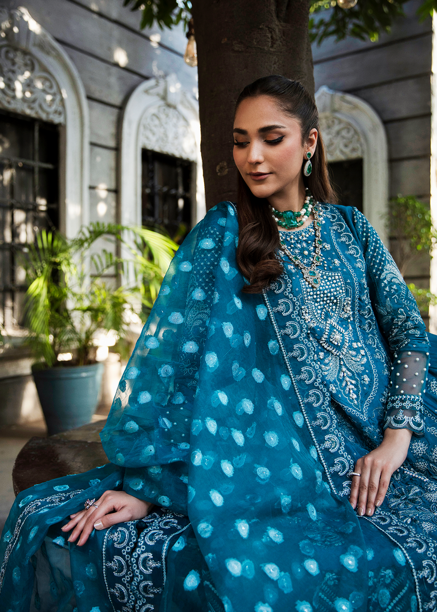 MOK Rang e Noor Embroidered Grip 3Pc Suit Neel Kamal - Teal Blue
