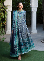 MOK Rang e Noor Embroidered Grip 3Pc Suit Nargis - Navy Blue