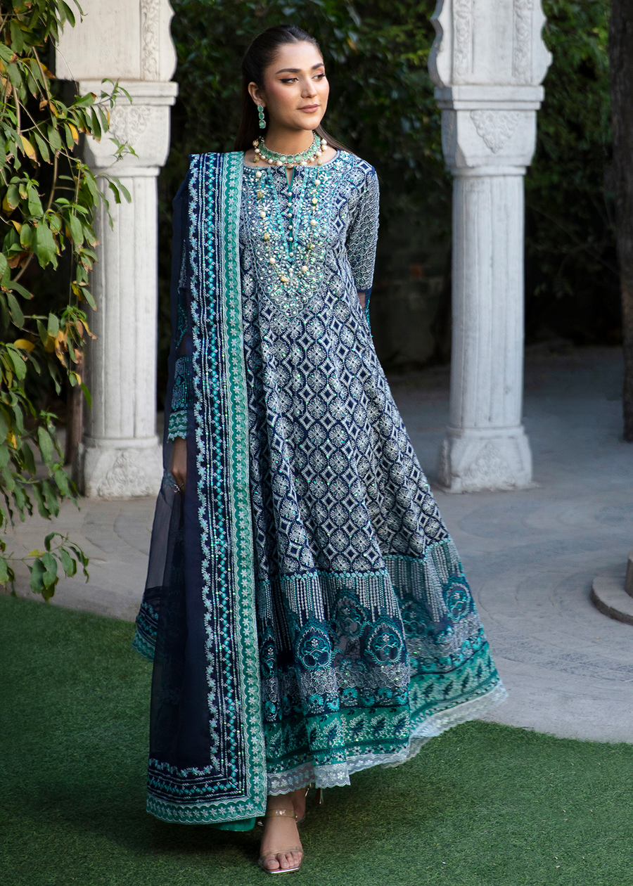 MOK Rang e Noor Embroidered Grip 3Pc Suit Nargis - Navy Blue