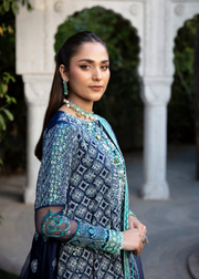 MOK Rang e Noor Embroidered Grip 3Pc Suit Nargis - Navy Blue