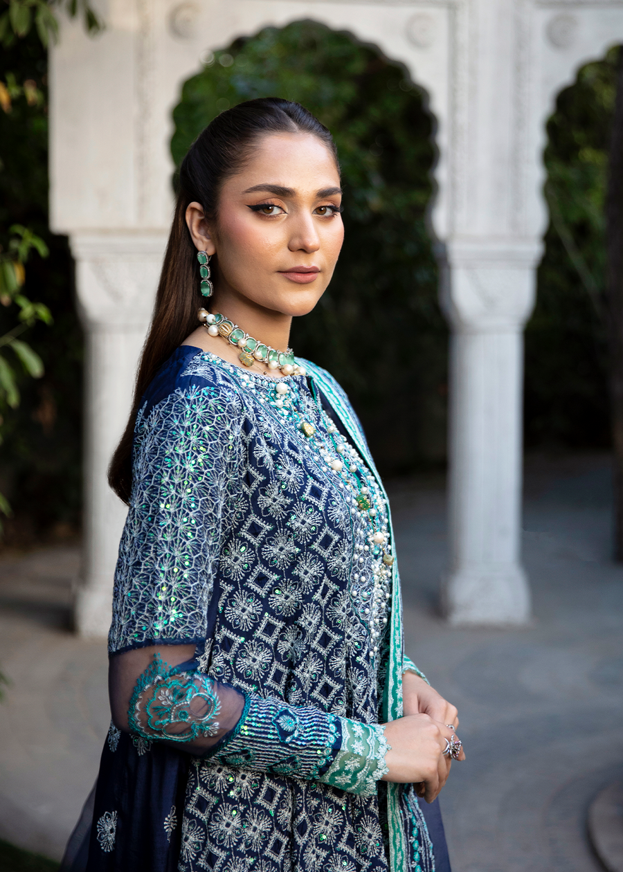 MOK Rang e Noor Embroidered Grip 3Pc Suit Nargis - Navy Blue
