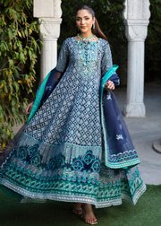 MOK Rang e Noor Embroidered Grip 3Pc Suit Nargis - Navy Blue