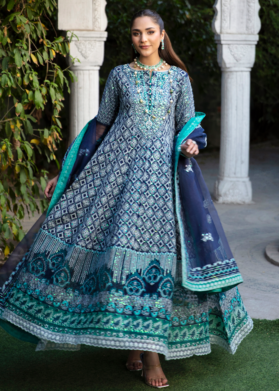 MOK Rang e Noor Embroidered Grip 3Pc Suit Nargis - Navy Blue