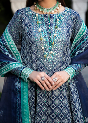 MOK Rang e Noor Embroidered Grip 3Pc Suit Nargis - Navy Blue