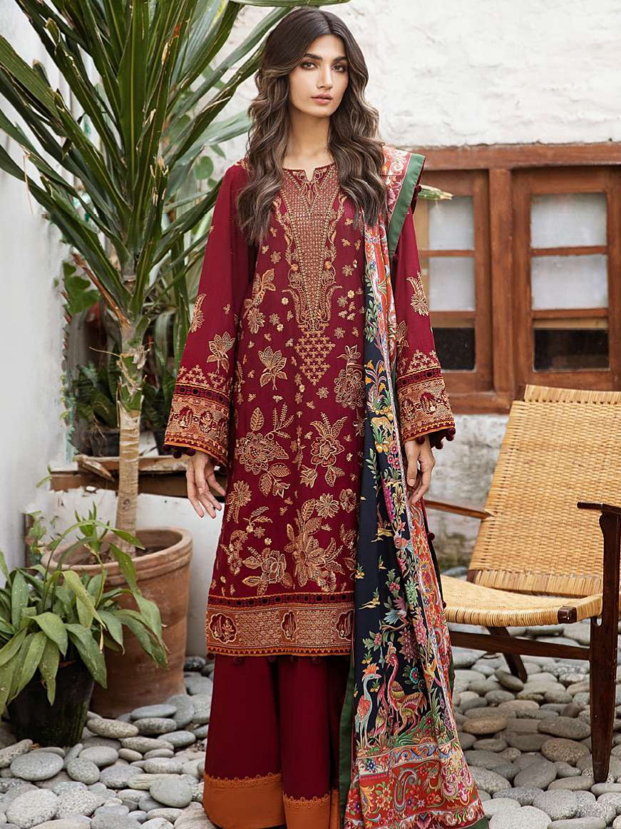Jazmin Iris Embroidered Fine Slub Unstitched 3 Piece Suit D-08