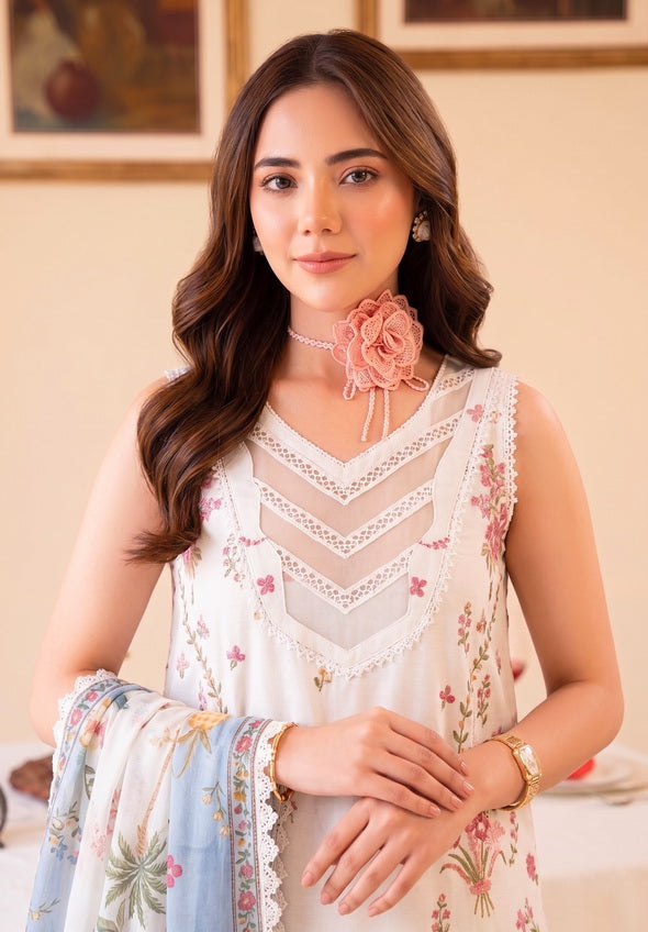 Faiza Faisal FNF Prints Unstitched Lawn 3Pc Suit - IVORY GRACE