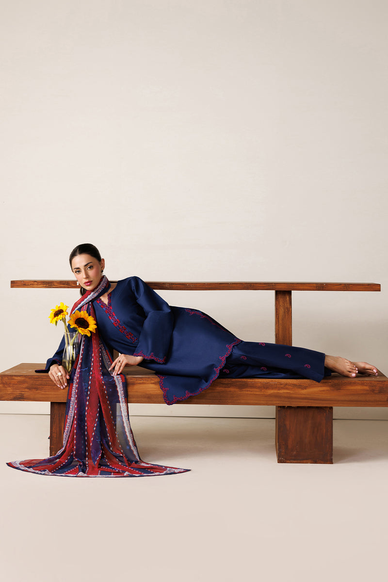 Farasha Summer Melody Embroidered Lawn Unstitched 3Pc Suit - Indigo Grace