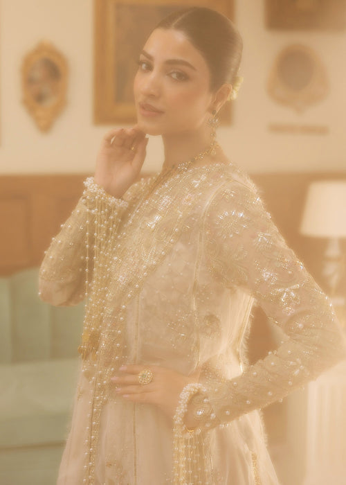Sadaf Fawad Khan Siraa Embroidered Organza Unstitched 3Pc Suit - Ivory Celeste