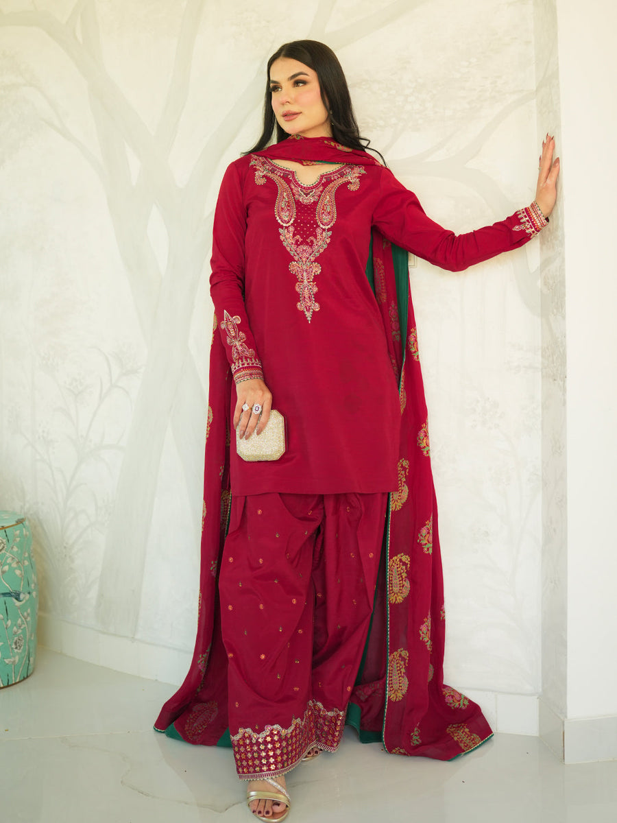 Faiza Faisal Mayal Festive Pret Embroidered Raw Silk 3Pc Suit - JINAN