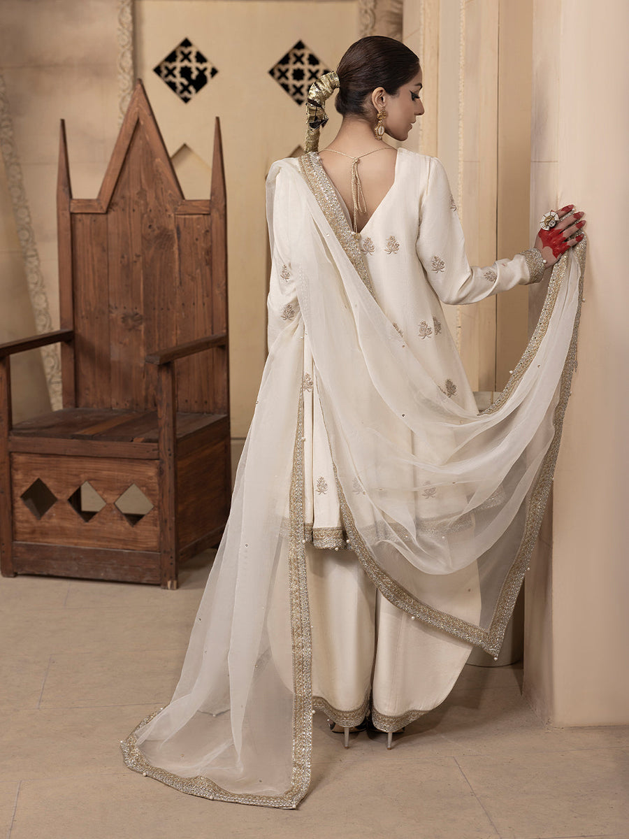 Hemstitch Embroidered Raw Silk Ready to Wear 3Pc Suit - Jahanara