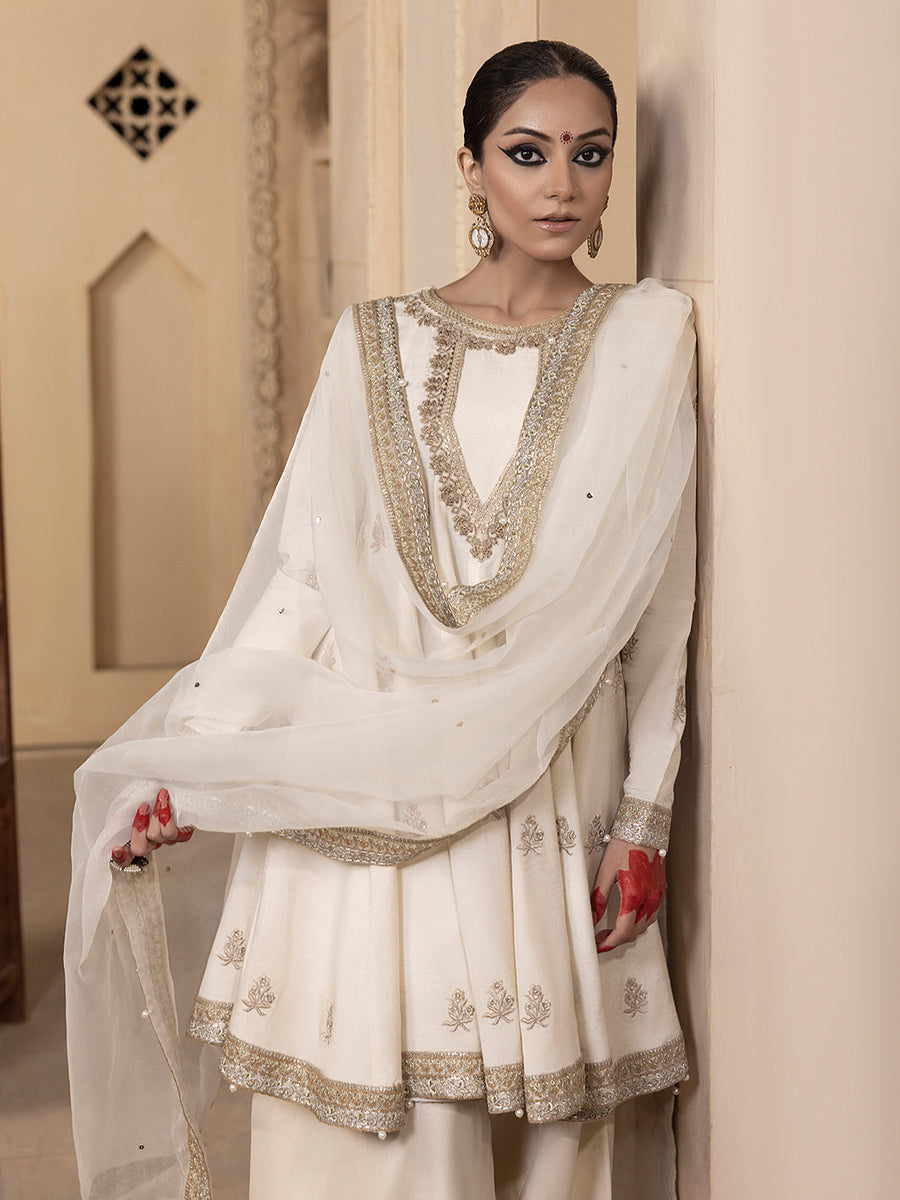 Hemstitch Embroidered Raw Silk Ready to Wear 3Pc Suit - Jahanara