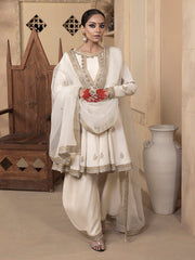 Hemstitch Embroidered Raw Silk Ready to Wear 3Pc Suit - Jahanara