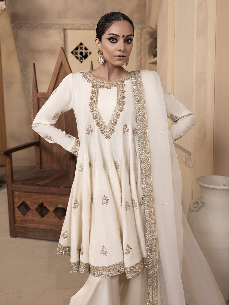 Hemstitch Embroidered Raw Silk Ready to Wear 3Pc Suit - Jahanara