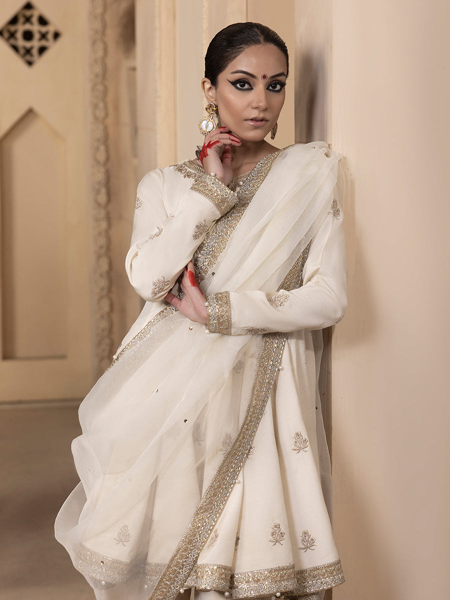 Hemstitch Embroidered Raw Silk Ready to Wear 3Pc Suit - Jahanara