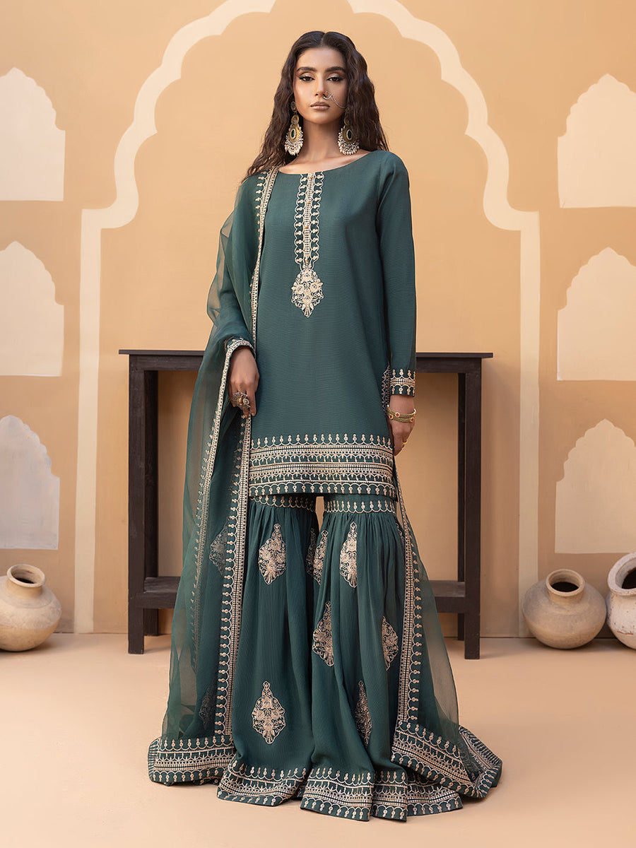 Hemstitch Embroidered Raw Silk Ready to Wear 3Pc Suit - Jasmine