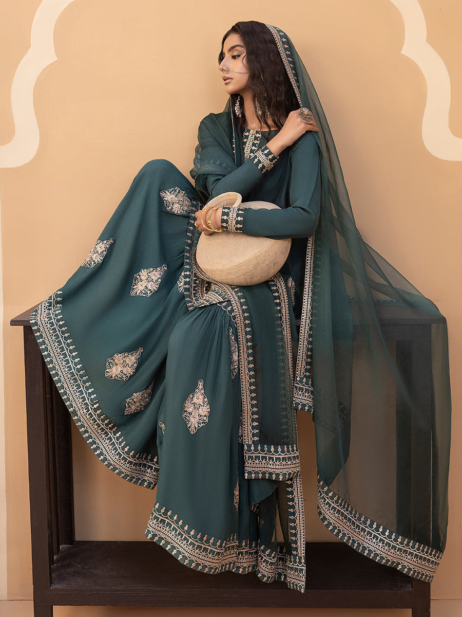 Hemstitch Embroidered Raw Silk Ready to Wear 3Pc Suit - Jasmine