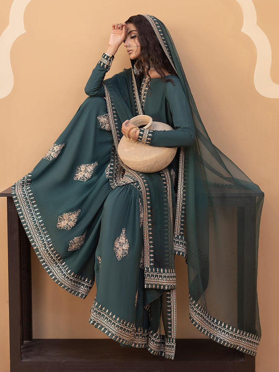 Hemstitch Embroidered Raw Silk Ready to Wear 3Pc Suit - Jasmine