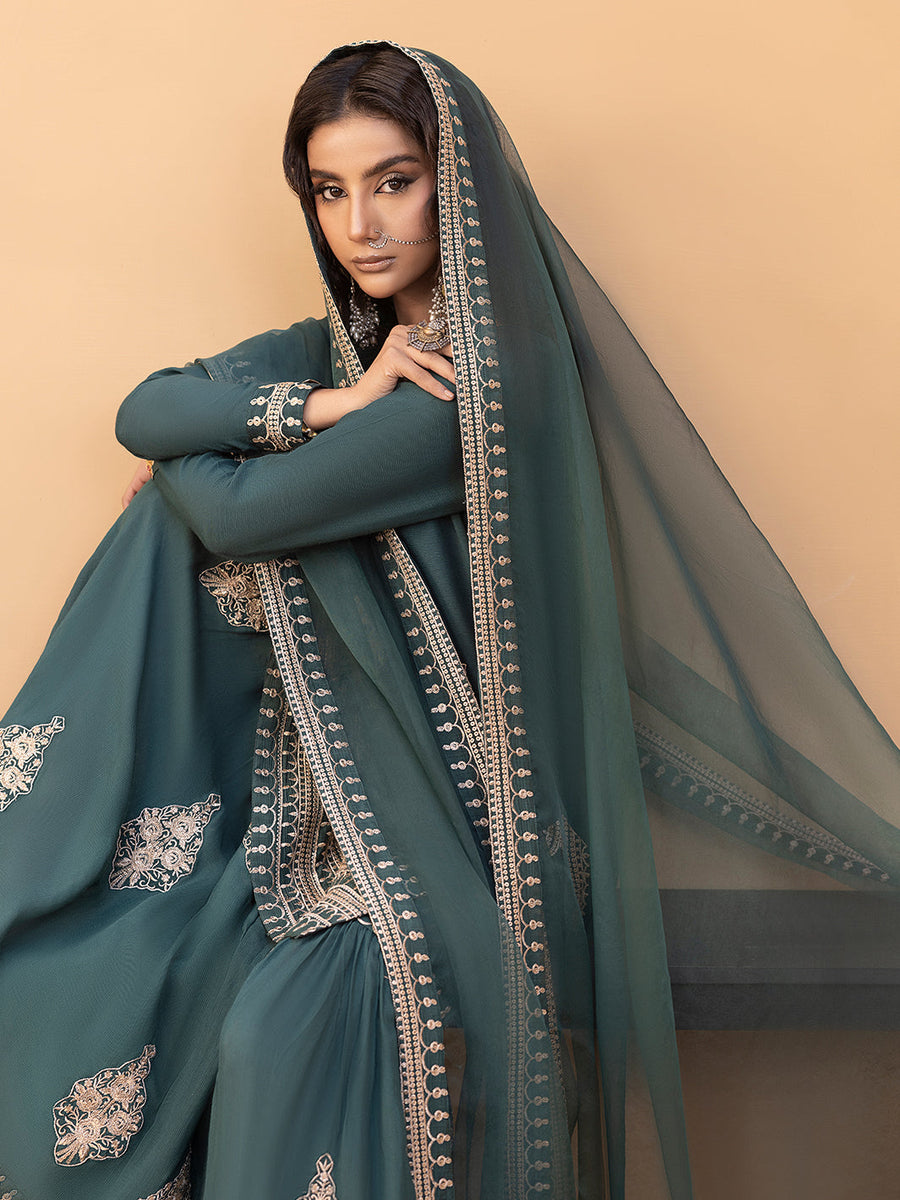 Hemstitch Embroidered Raw Silk Ready to Wear 3Pc Suit - Jasmine
