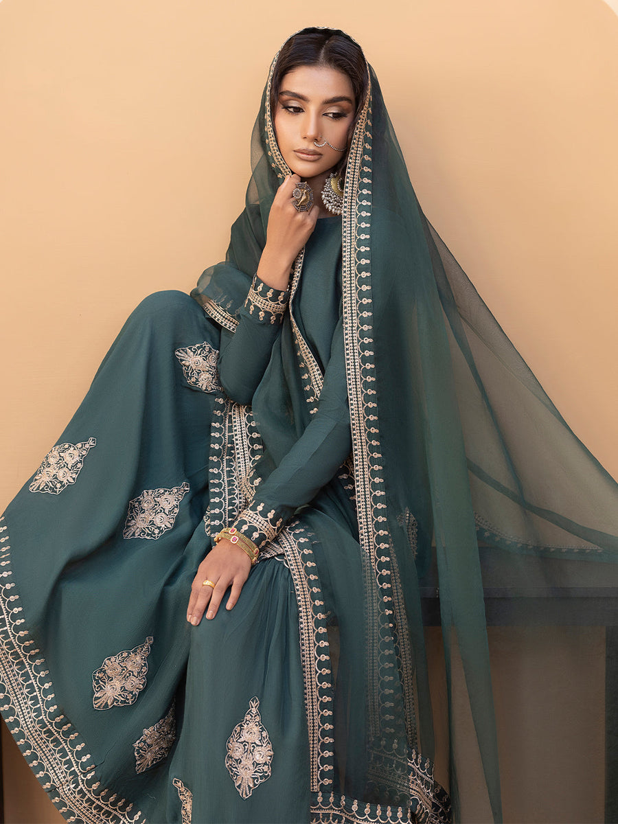 Hemstitch Embroidered Raw Silk Ready to Wear 3Pc Suit - Jasmine